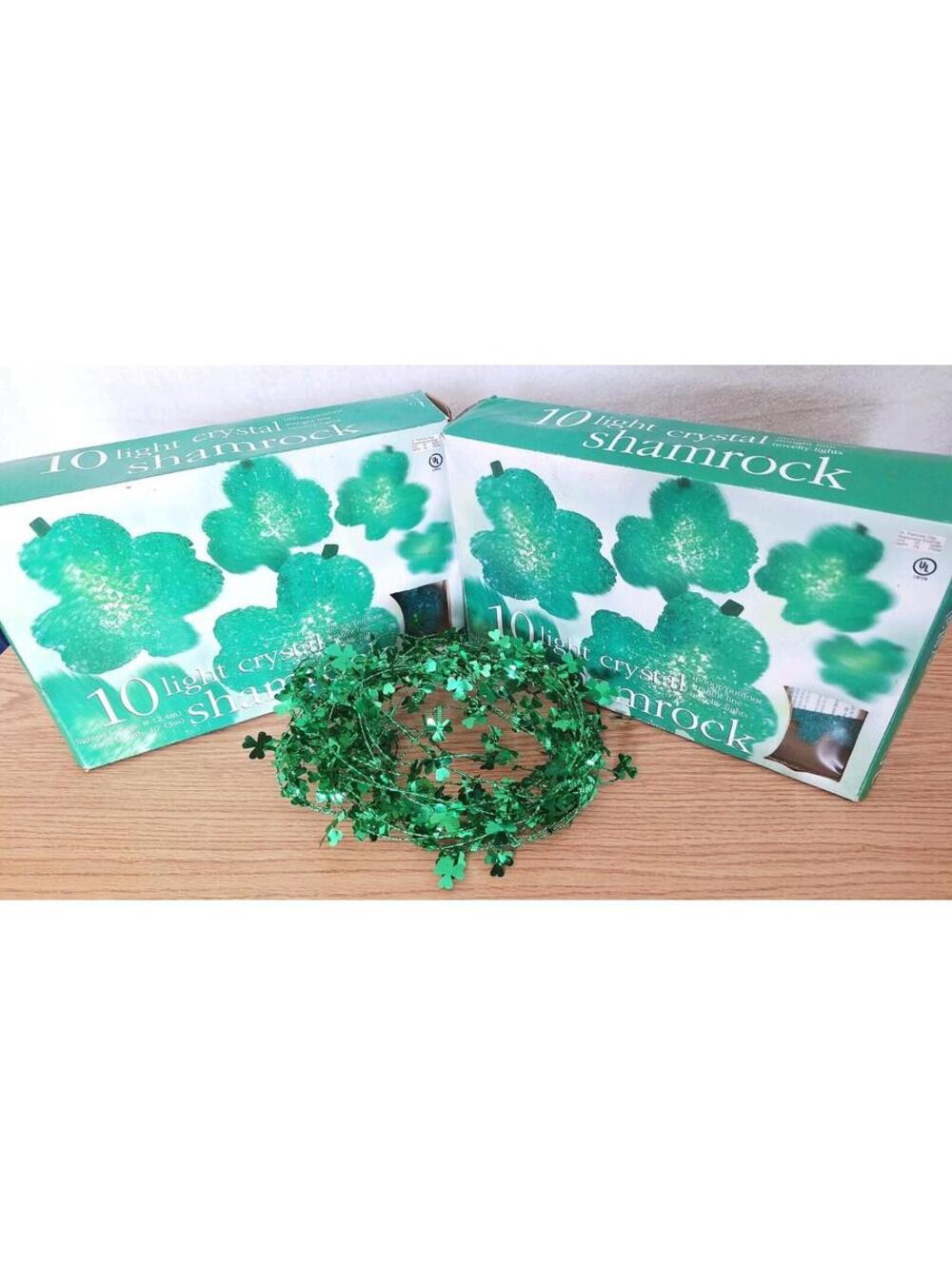 Lot of 2 Vintage Target 10-Light Crystal Shamrock String Lights + FREE Garland